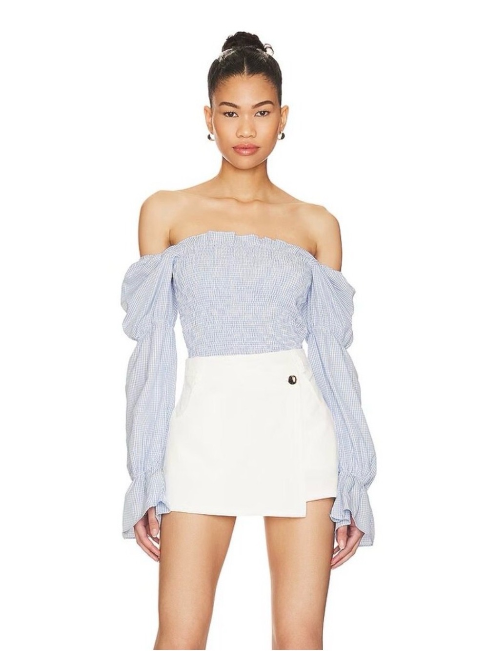 More To Come Whimsical Blue Off-Shoulder Smocked Top - Size Small NWT
